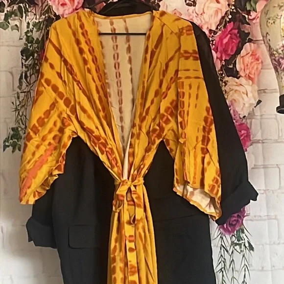 - New MUSTARD & CRAN Boho Tie Dye Kimono Maxi Beach open front long COVERUP *NEW